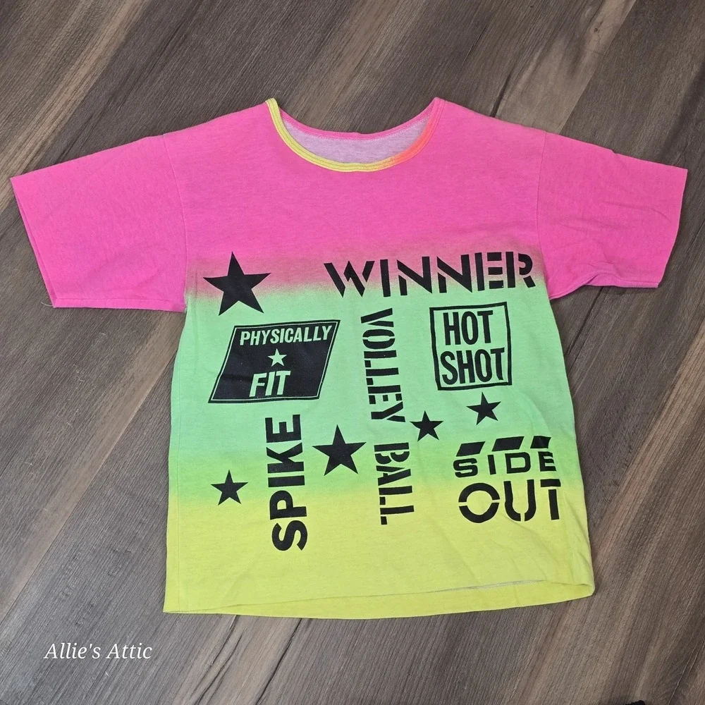 Girls 90s Vintage Volleyball T-Shirt Shorts Set Neon Pink Green Single Stitch 8*